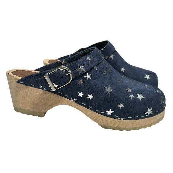 Hanna Andersson Wooden Clogs Navy with Star Pattern Size 34 Made in Sweden - Picture 1 of 12